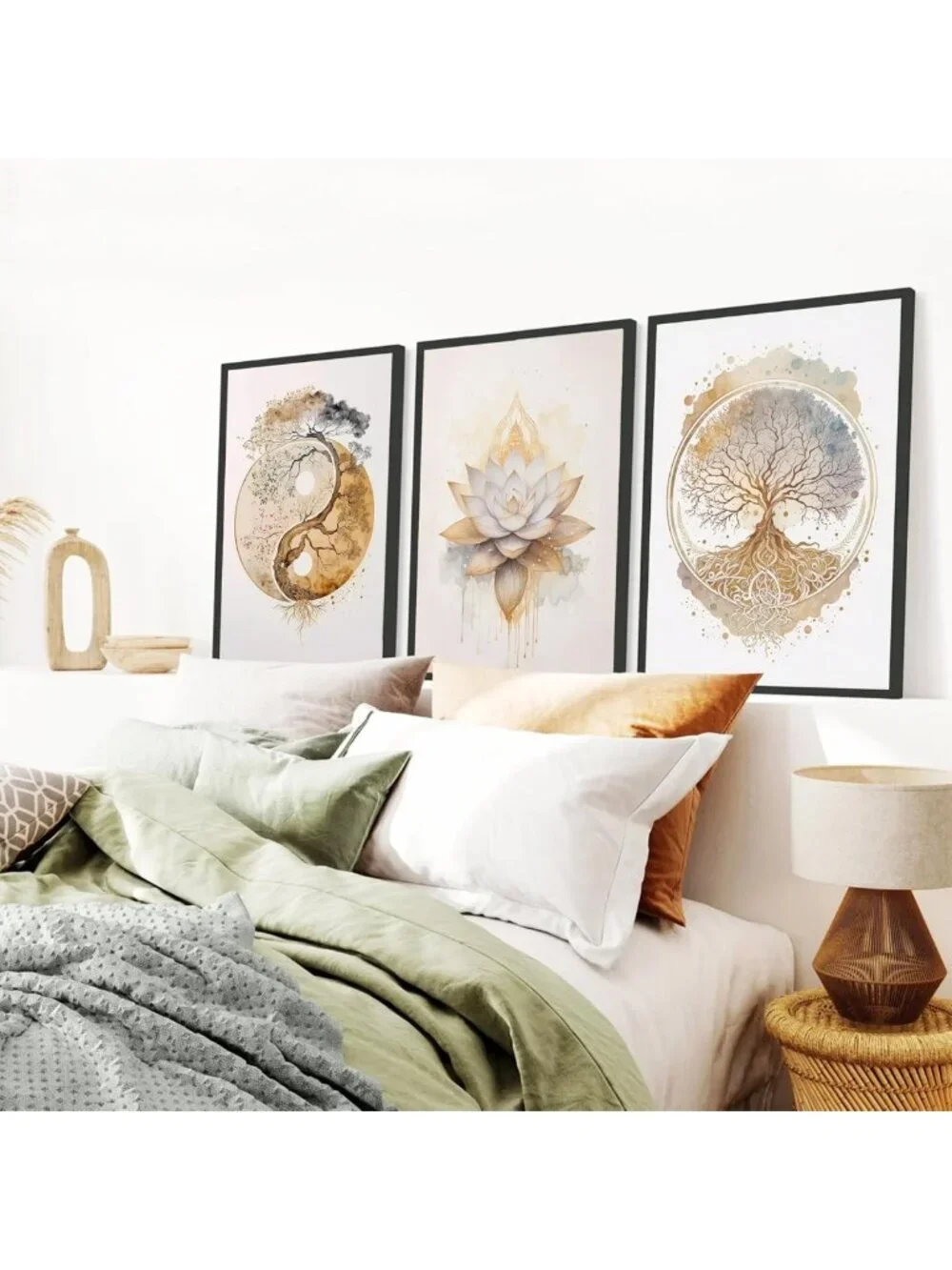 Set of 3 Modern Tree of Life Wall Art, Gold Lotus Zen Canvas Decor, Abstract Yin